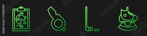 Set line Ice hockey stick and puck, Planning strategy, Whistle and Skates. Gradient color icons. Vector