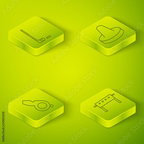 Set Isometric Mallet for playing air hockey, Whistle, Hockey table and Ice hockey stick and puck icon. Vector