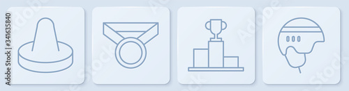 Set line Mallet for playing air hockey, Hockey over sports winner podium, Medal and Hockey helmet. White square button. Vector