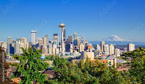 Seattle skyline and Mt Rainier on a clear day photo