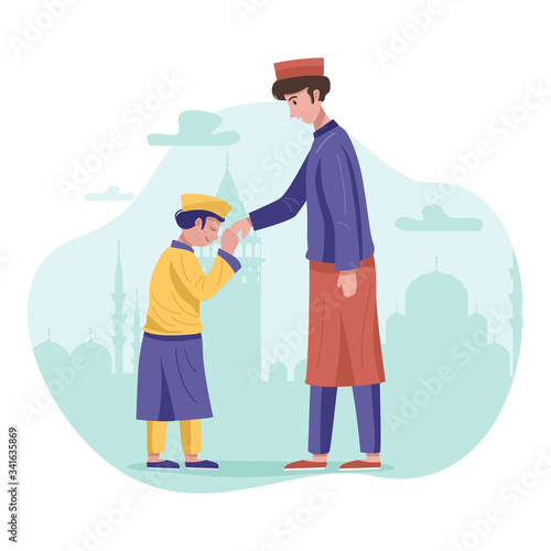 Son and father asking forgiveness during Hari Raya Aidilfitri Celebration