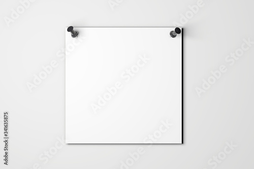 Blank white poster mock up pinned to a plain grey wall. 3D rendering
