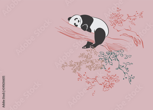 panda bear vector card japanese chinese nature ink illustration engraved sketch traditional textured colorful watercolor