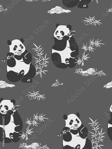 panda bear view vector sketch illustration chinese oriental line art ink seamless pattern