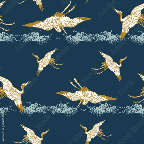 cran bird view vector sketch illustration japanese chinese oriental line art ink seamless pattern photo