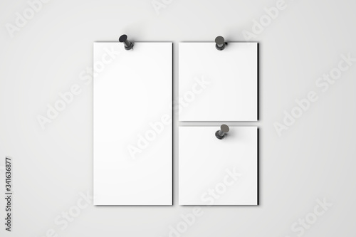 Photography Blank white poster mock up pinned to a plain grey wall
