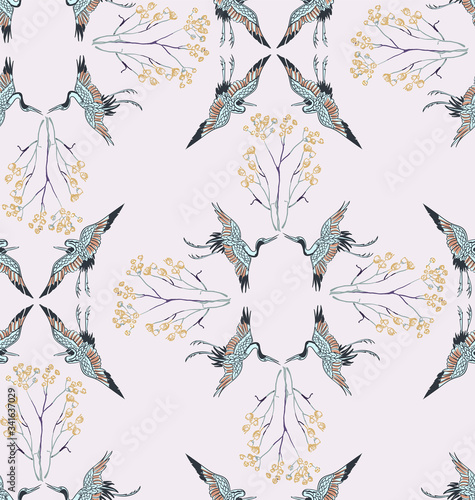 cran bird view vector sketch illustration japanese chinese oriental line art ink seamless pattern