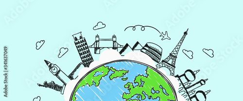 Global tourist attractions building earth vector map