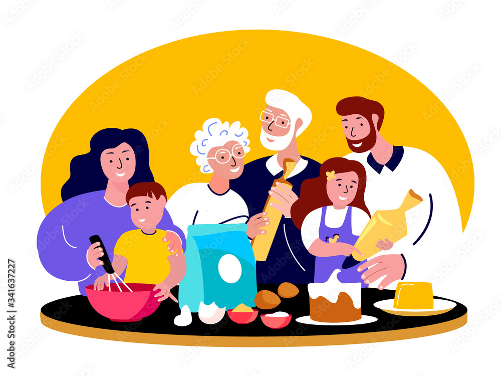 Big Family Cooking Together in Kitchen.Woman Mother Knead Dough,Father, Daughter Glazing Cake. Husband,Wife,Grandchild. Old Aged Pensioner Grandparents.Grandmother,Grandfather.Flat Vector Illustration