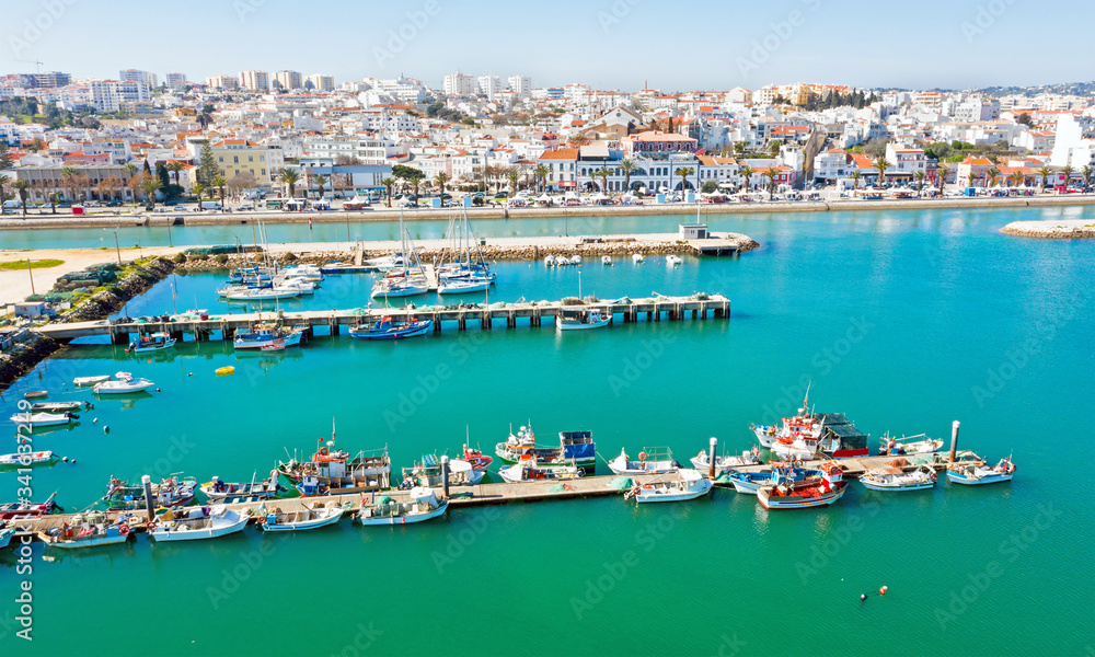 Aerial from the harbor and city Lagos Portugal