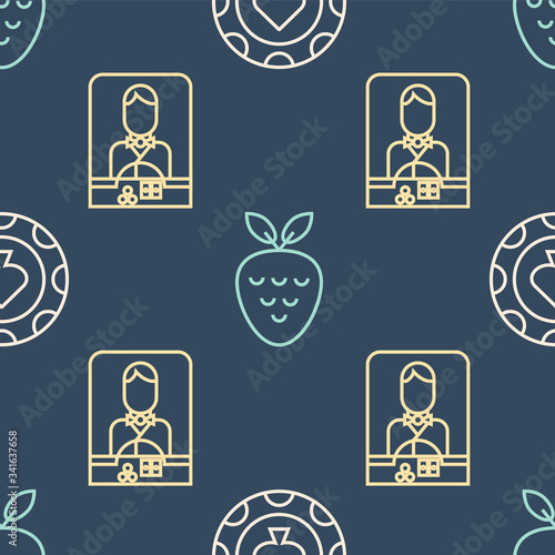 Set line Casino chips, Casino dealer and Casino slot machine with strawberry on seamless pattern. Vector