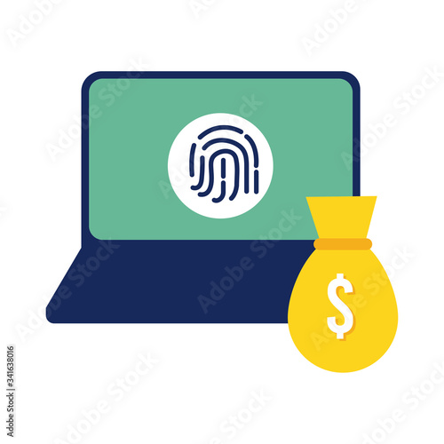 laptop with fingerprint and money bag flat style