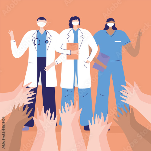 thank you doctors and nurses, physicians and nurse, raised hands greeting