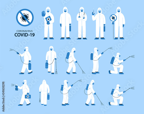 Set of isolated vector illustrations in flat style. Man in white hazmat suit, mask. Disinfection, decontamination in public places. Stop coronavirus. Doctors, nurses, healthcare workers, medical staff
