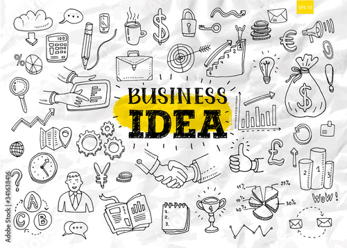 Business Idea doodles icons set. Vector illustration.