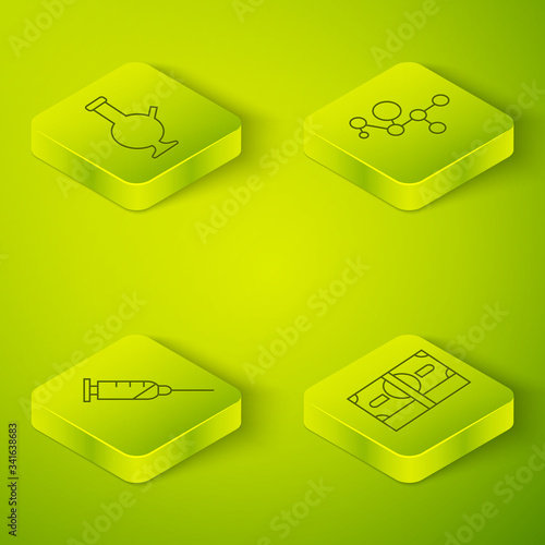 Set Isometric Cannabis molecule, Syringe, Stacks paper money cash and Glass bong for smoking marijuana icon. Vector