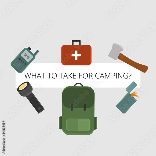 Traveling banner with different objects. Square camping banner, poster or flyer for social media, website or print. Vector illustration