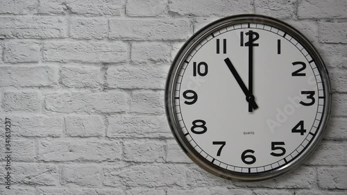 Wallpaper Mural The Time On The Clock Eleven. Clock With The Black Arrows With The Arabic Numerals On An White Brick Wall Background On The Right Side. Torontodigital.ca