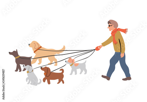 man dog walking with dogs breeds illustration