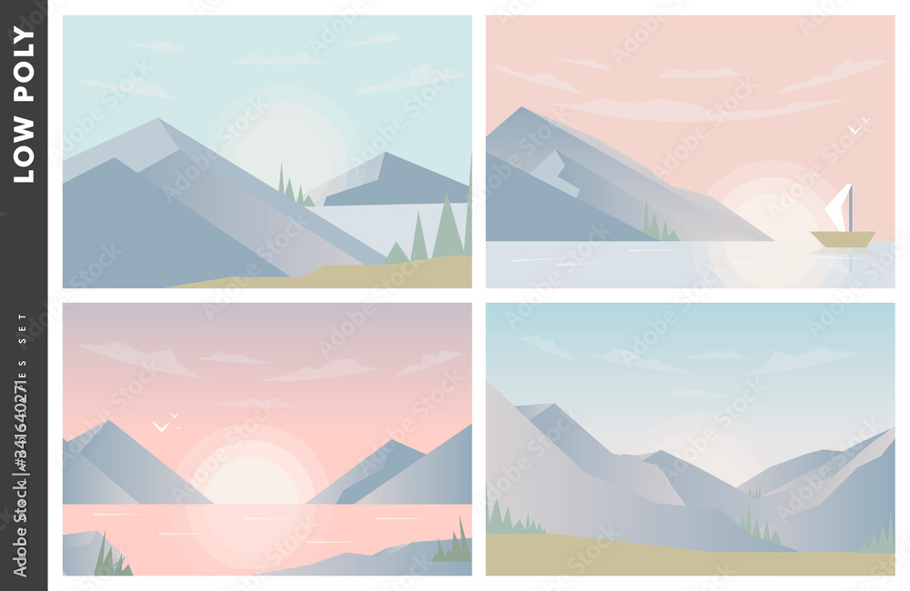 Plakat Abstrakcyjny obraz słońca lub świtu słońca nad górami w tle i rzeki lub jeziora na pierwszym planie. Górski krajobraz. ilustracja wektorowa