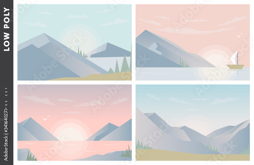 Fototapeta Naklejka Na Ścianę i Meble -  Abstract image of a sunset or dawn sun over the mountains at the background and river or lake at the foreground. Mountain landscape. vector illustration