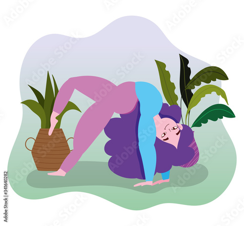online yoga, young woman character practicing yoga posing outdoor cartoon