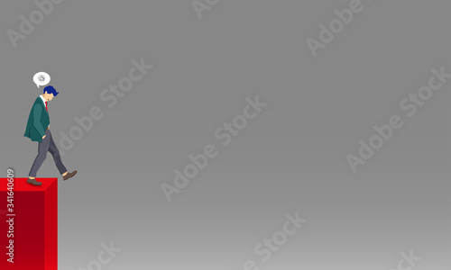 Business and financial crisis vector concept in miminalist art style. Businessman jumping down with copy space . Symbol of recession, bankruptcy, market crash. Vector illustration