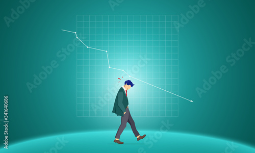 Business concept illustration. Walking sad businessman. Falling chart on the green background. Symbol of recession, bankruptcy, market crash. Vector illustration