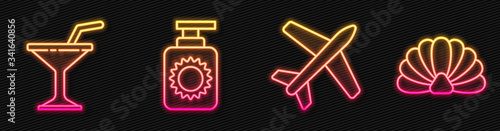 Set line Plane, Martini glass, Sunscreen spray bottle and Scallop sea shell. Glowing neon icon. Vector