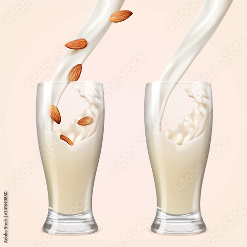 Almond milk pouring into glass cups