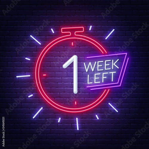 One week left neon sign on brick wall background. Vector illustration.