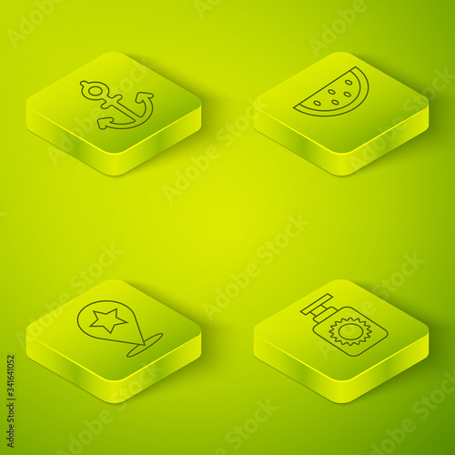 Set Isometric Watermelon, Map pointer with star, Sunscreen spray bottle and Anchor icon. Vector