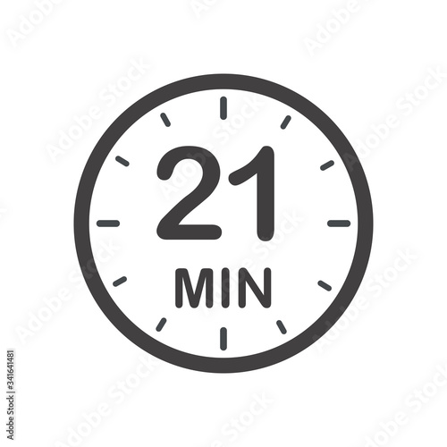 Twenty one minutes icon. Symbol for product labels. Different uses such as cooking time, cosmetic or chemical application time, waiting time...