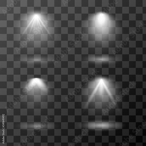 Vector set of light sources isolated on transparent background. Scene spotlight collection. Design of light effects for your project.