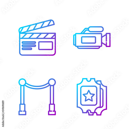 Set line Cinema ticket, Carpet with barriers, Movie clapper and Cinema camera. Gradient color icons. Vector