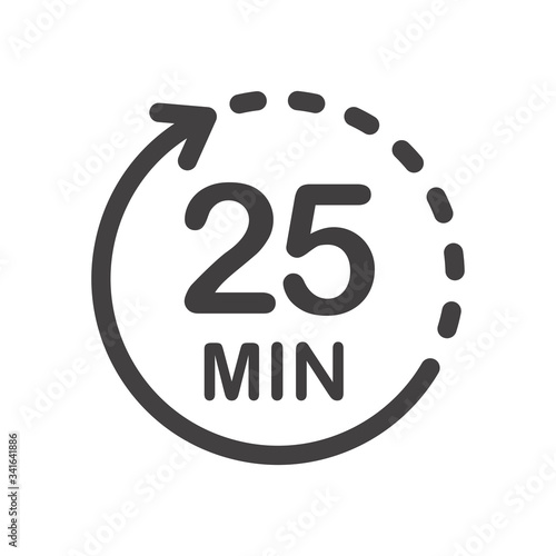 Twenty five minutes icon. Symbol for product labels. Different uses such as cooking time, cosmetic or chemical application time, waiting time...