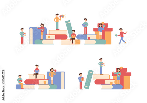Collection of small characters holding books and sitting on stacks of big books. People reading and learning in various poses. Vector illustration in flat style.