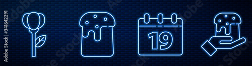 Set line Calendar with Happy Easter, Flower tulip, Easter cake and Human hand and easter cake. Glowing neon icon on brick wall. Vector