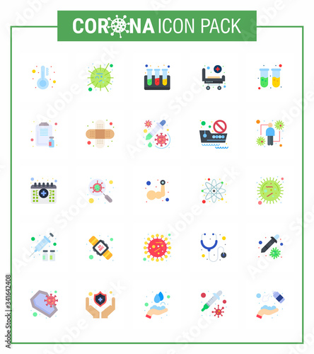 Covid-19 icon set for infographic 25 Flat Color pack such as blood test, wheels, virus, hospital, strature photo