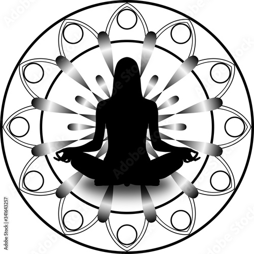 Naklejka Mandala and woman silhouette in lotus position - medytacja, joga,  streszczenie, fototapety | Foteks