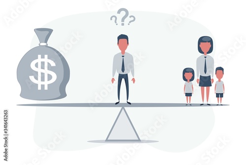 Simple cartoon of a man standing on a scale between dollar symbol and his family, business, balance between career and family concept