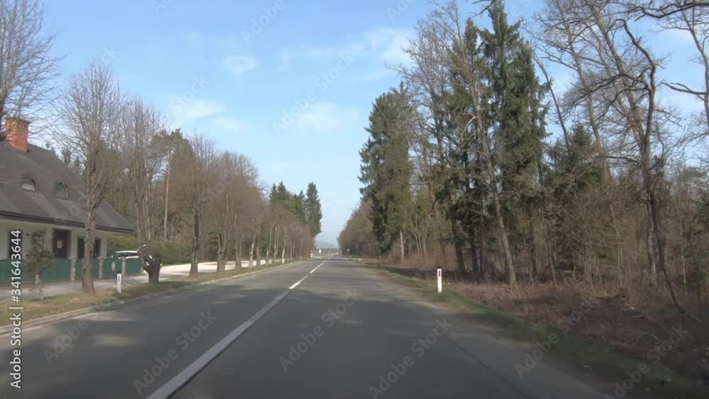 Point of view POV driving on empty bumpy countryside road in Slovenia between tree forest and farming fields on bright sunny day Point of view POV driving on empty bumpy countryside road in Slovenia between tree forest and farming fields on bright sunny day
