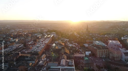 Glorious sunset over Exeter city.  Aerial reveals amazing landscape and the guildhall shopping centre and rooftop car park