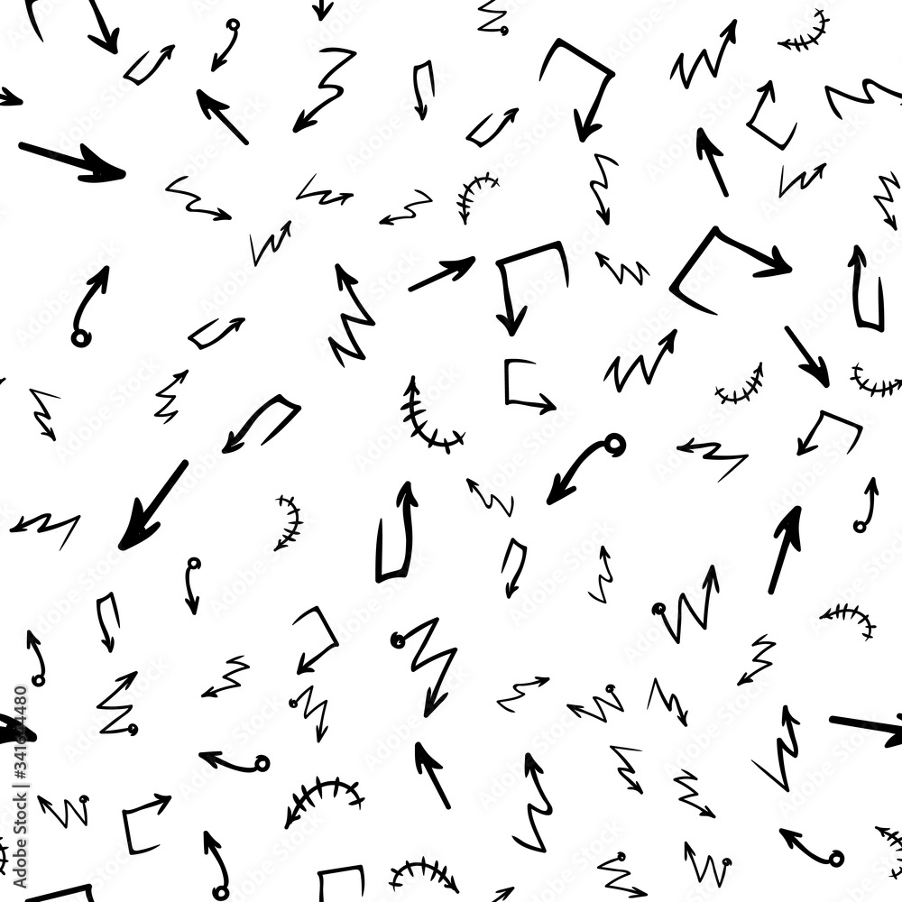 Arrow doodles vector. A set of simple sketches of arrows. Up, down, left, right ones. The effect of a pencil sketch isolated on white pattern background. Vector eps 10.