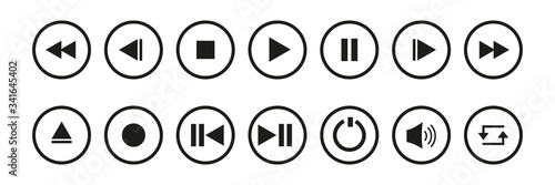 Media player button set for mp3, smartphone or web. With 14 icons. Isolated vector collection.