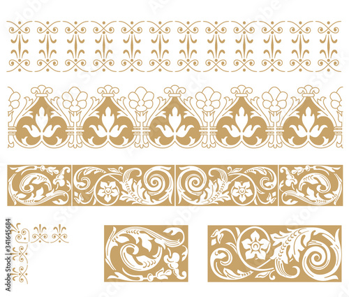 A set of vintage elements. Frames, Dividers for your design. Gold components in the Royal style. Suitable for flyers, banners, interior design hotel, beauty salon, SPA, restaurant, club