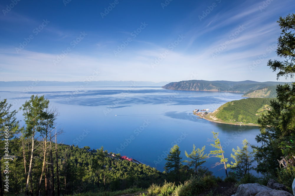 view of lake Baikal from the Chersky stone, the source of the Angara river in summer