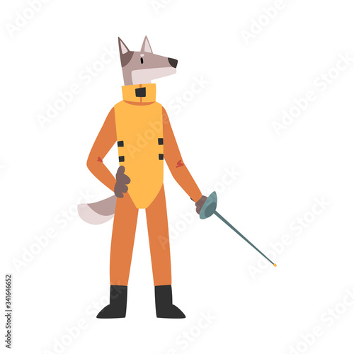Dog Fencer in Attack with Foil, Animal Athlete Character Doing Sports Vector Illustration
