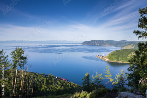 view of lake Baikal from the Chersky stone, the source of the Angara river in summer