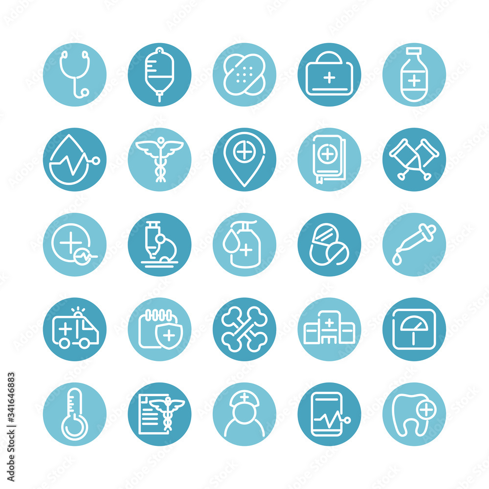 medical and health care equipment assistance icon set block style medical and health care equipment assistance icon set block style